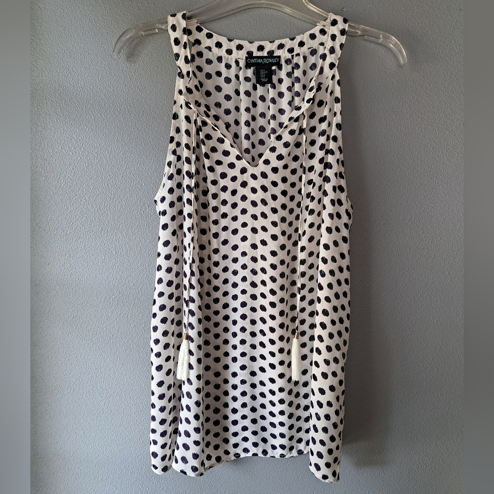 Cynthia Rowley - Off White & Black Tie Neck Tank Top, Size Large